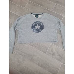 Converse Boxy Cropped Crew Neck Sweatshirt Gray Size Small‎